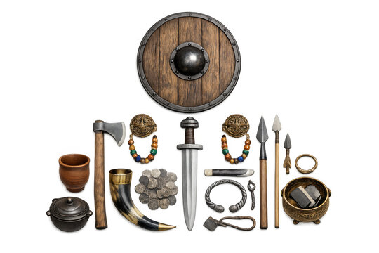 Ancient viking artifacts collection including weapons and jewelry on display