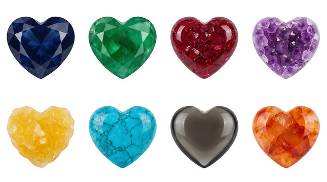 Heart gemstone set including sapphire, emerald, ruby, amethyst, citrine, turquoise, obsidian, and carnelian variants isolated. Jewelry and mineral collection.