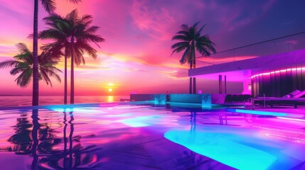 Obraz premium A vibrant sunset over a luxurious pool surrounded by palm trees. The water reflects colorful lights, creating a serene and inviting atmosphere.