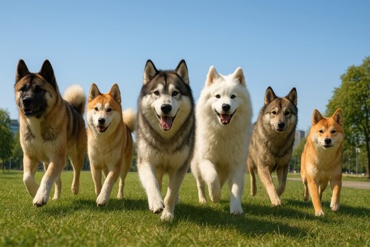 Ultra&ndash;wide-angle photograph of seven northern and spitz-type dogs running toward the camera across a sunny city park, captured from a low ground perspective with natural daylight and vivid realistic d