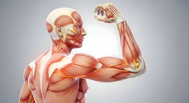 Anatomical illustration of a muscular man flexing his arm showing muscles tendons and bones in a flexed position on a grey background