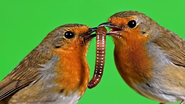 Isolated macro view of a generic small bird beak cleanly snatching a realistic, segmented worm, captured against a uniform green screen background marketing, isolated macro view, green screen