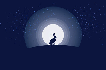 Mystical Rabbit Silhouette Against a Starry Full Moon Night Sky