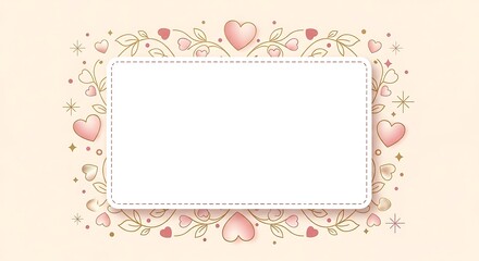 Blank White Card with Pink Hearts and Floral Border on Soft Peach Background