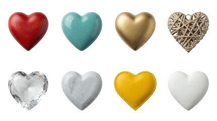 Obraz premium Heart shape set including wood, marble, gold, crystal, leather, and wicker textures isolated. Valentine and love decorative collection.
