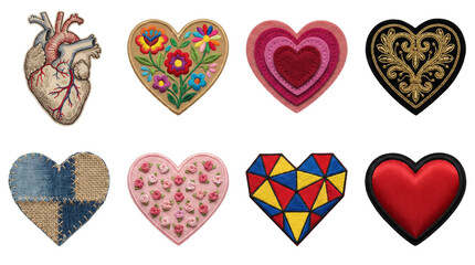 Heart embroidery and patch set including anatomical, floral, geometric, denim, and satin styles isolated. Decorative apparel embellishment and craft collection.