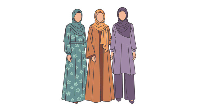 Fashion Ensemble of Modesty: A vibrant illustration showcases three elegantly attired women, each clad in a modest and beautifully designed outfit, reflecting grace and cultural richness.