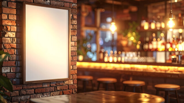 A mockup of a empty white poster on a brick wall in a bar