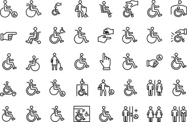 Collection of diverse accessibility and disability icons, including various wheelchair symbols, directional arrows, hand gestures, and human figures, representing different needs and services.