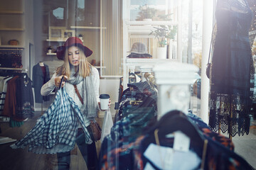 Checking, price and girl with clothes, fashion and shopper with coffee, teenager and clothing...