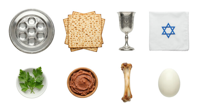 Passover seder set including matzah, kiddush cup, seder plate, shank bone, egg, and charoset isolated. Jewish holiday objects collection.