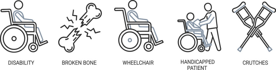 Fototapeta premium Set of icons representing disability: wheelchair, broken bone, patient assistance, and crutches for medical and healthcare themes.
