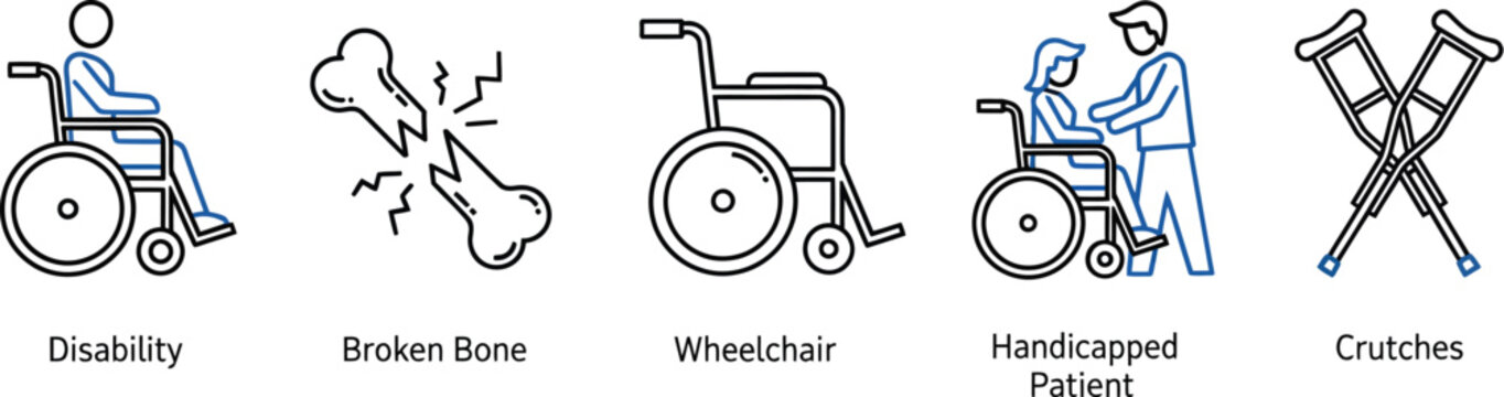 Set of icons representing disability: wheelchair, broken bone, patient assistance, and crutches for medical and healthcare themes.