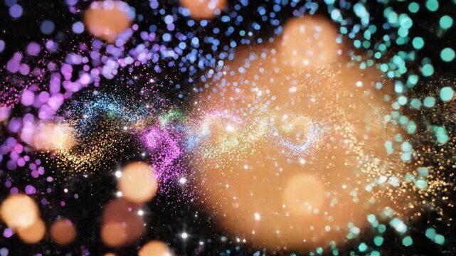 A celestial dreamscape of glittering, multicolored lights against a star-filled, black backdrop