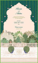 Obraz premium Traditional Indian mughal arch invitation card design with peacocks, tropical trees, palace, bird, hanging flowers, fence, designed floor and stair. vector illustration 