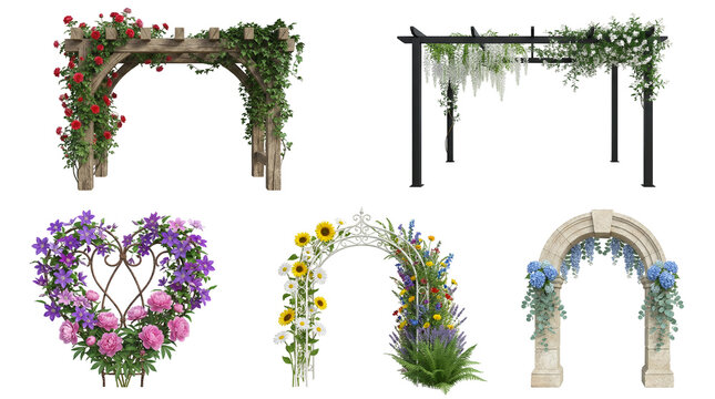 Garden arch and pergola set including wooden, metal, and stone structures decorated with colorful flowers isolated. Outdoor landscaping and wedding entrance decoration.