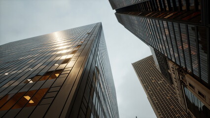 Naklejka premium Bright reflections bounce off the sleek surfaces of towering skyscrapers in the heart of an energetic city. The overcast sky adds a dramatic touch to this modern architectural landscape.