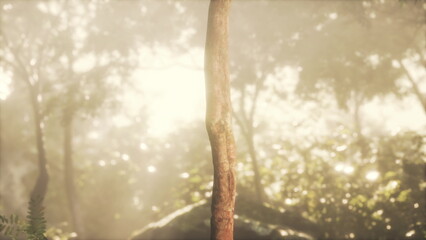 Sunlight streams through a thick forest, casting a warm glow on a tall tree trunk standing proudly amidst lush greenery. The tranquil scene evokes a sense of calm and beauty.