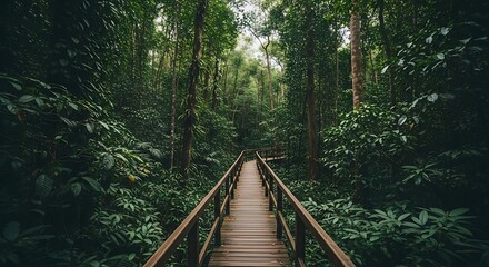Obraz premium Lush Green Forest Wooden Path Through Tropical Rainforest.