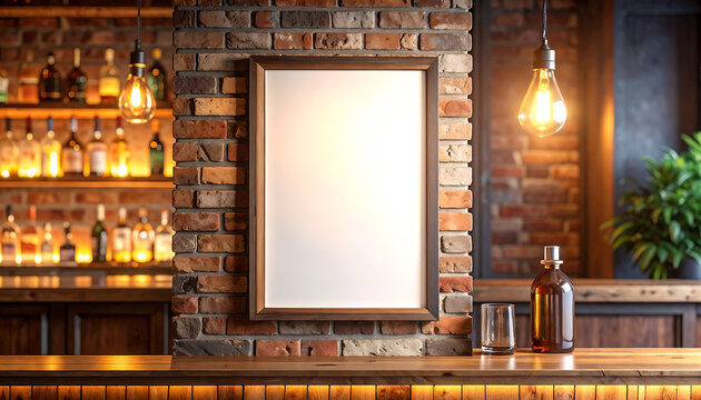 A mockup of a empty white poster on a brick wall in a bar