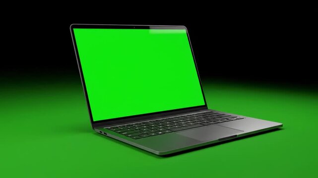 Isolated modern clamshell laptop device with a completely chroma key green screen displayed on a pure black background ready for easy post-production screen replacement post-production, insert, ux