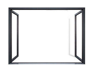 Open, dark-framed window with two open sashes on a solid black background. Interior sunlight