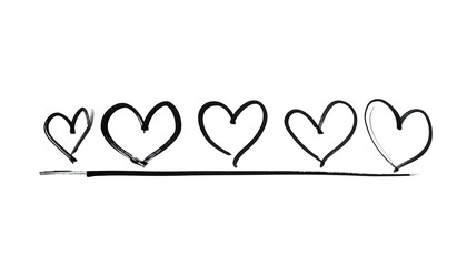 Linear arrangement of five sketched hearts, linked by a horizontal line, on a black background