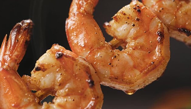 Grilled shrimp seafood closeup juicy smoky orange cooked delicious macro gourmet fresh appetizing barbecue dinner protein spicy summer meal healthy shellfish oil tender roasted charred crustacean