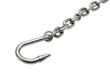 Obraz premium Hanging metal chain with small interlinked links and a hook end, reflective steel highlights, realistic weight curve, and soft shadow, isolated on transparent background.