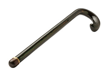 Walking cane with a curved handle and dark glossy shaft, subtle reflective highlights, clean proportions, and a soft shadow beneath, isolated on transparent background.