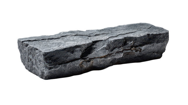 Rough stone bench shaped like a log like slab with dark gray rock texture, irregular surface, natural cracks, and soft grounded shadow, isolated on transparent background.