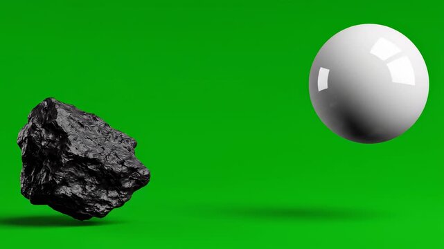 Isolated movement of two contrasting objects, a smooth reflective white sphere and a rough jagged black rock, drifting separately across a bright green screen opposite, texture, motion