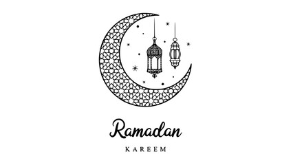 Elegant Ramadan Kareem illustration featuring decorative crescent moon and hanging lanterns. Suitable for greeting cards, social media, and festive Islamic designs. © Andika