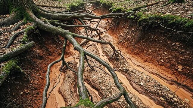 A natural landscape featuring exposed tree roots and eroded soil.