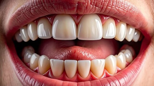 Close-up of a wide smile showcasing healthy white teeth and pink gums.