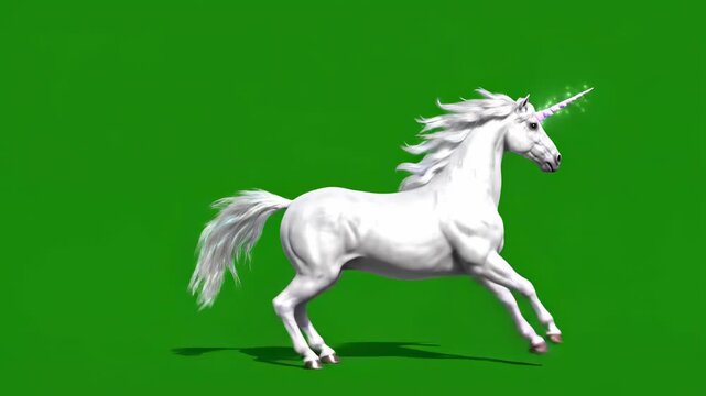 Isolated mystical white unicorn bounding and jumping playfully on an invisible surface against a pure green screen ready for composite use in fantasy projects galloping, isolated, motiongraphic