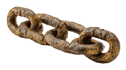 Fototapeta premium A thick heavy duty chain segment with large interlinked metal loops, golden brown corrosion, gritty textured surfaces, and deep shadows between links, isolated on transparent background