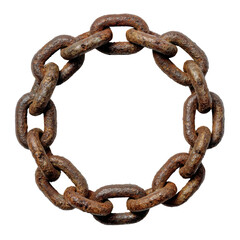 Fototapeta premium Rusted metal chain loop with heavy interlinked links, brown corrosion, worn pitted texture, and a loose circular arrangement with soft shadow, isolated on transparent background.