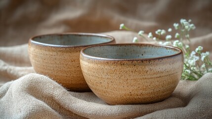 Two empty handmade ceramic pots on a background of linen fabric