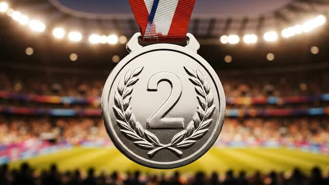 Close up of silver medal on red white ribbon against stadium background