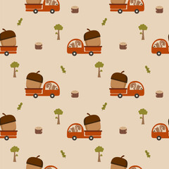 Squirrel truck acorn cartoon so cute. On tree leaf stump background. Pattern seamless vector illustration. 
