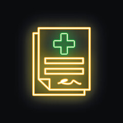 Obraz premium Neon medical prescription form with green cross and yellow signature glowing on black background