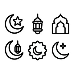 Obraz premium Islamic Symbol Set: An array of detailed Islamic icons showcases the crescent moon, stars, lanterns, and mosques, ideal for design concepts related to cultural celebrations and themes.