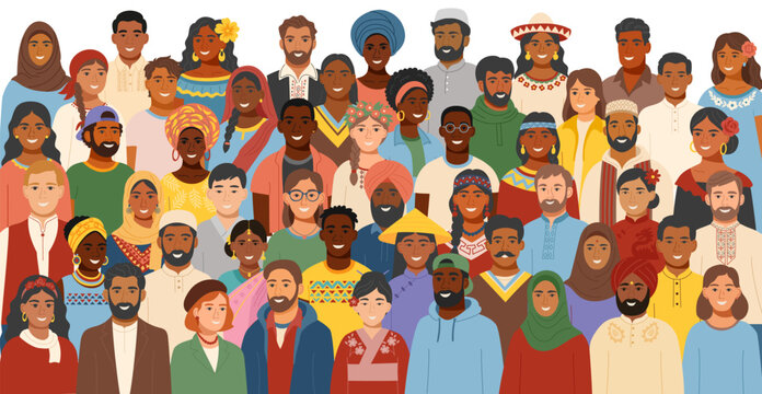 Set of a diverse group of people from different cultures wearing traditional clothing. Concept of equality, cultural diversity, friendship, inclusion. Vector flat background.