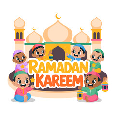 Fototapeta premium Ramadan Kareem Illustration: Capturing the essence of Ramadan, this illustration showcases a joyous gathering of children celebrating the festive season. The scene exudes warmth and happiness.