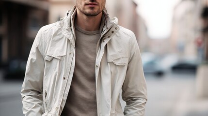 Naklejka premium Man wearing light spring jacket and neutral shirt, outdoor urban background, natural daylight, clean modern menswear spring fashion look