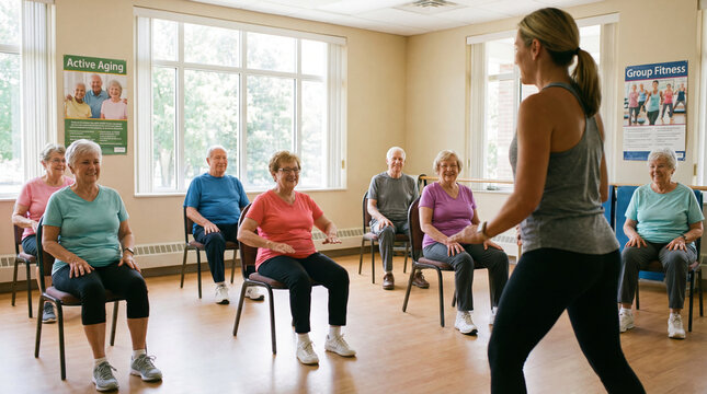Senior fitness class practices chair exercises. Fitness instructor guides safe fitness moves for internationaldayofolderpersons session, balance training, active aging, bright studio, copy space