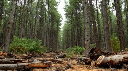 Fototapeta premium Tall evergreen trees line a clearing scattered with felled timber and forest debris