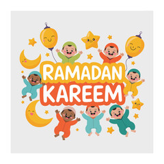 Fototapeta premium Ramadan Kareem Celebration: A vibrant illustration that embodies the spirit of Ramadan Kareem, featuring a group of diverse babies joyfully celebrating with balloons and stars
