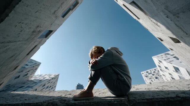 Solitary youth sits on cold concrete, surrounded by towering brutalist buildings, absorbed in thought, experiencing deep isolation under a wide blue sky.